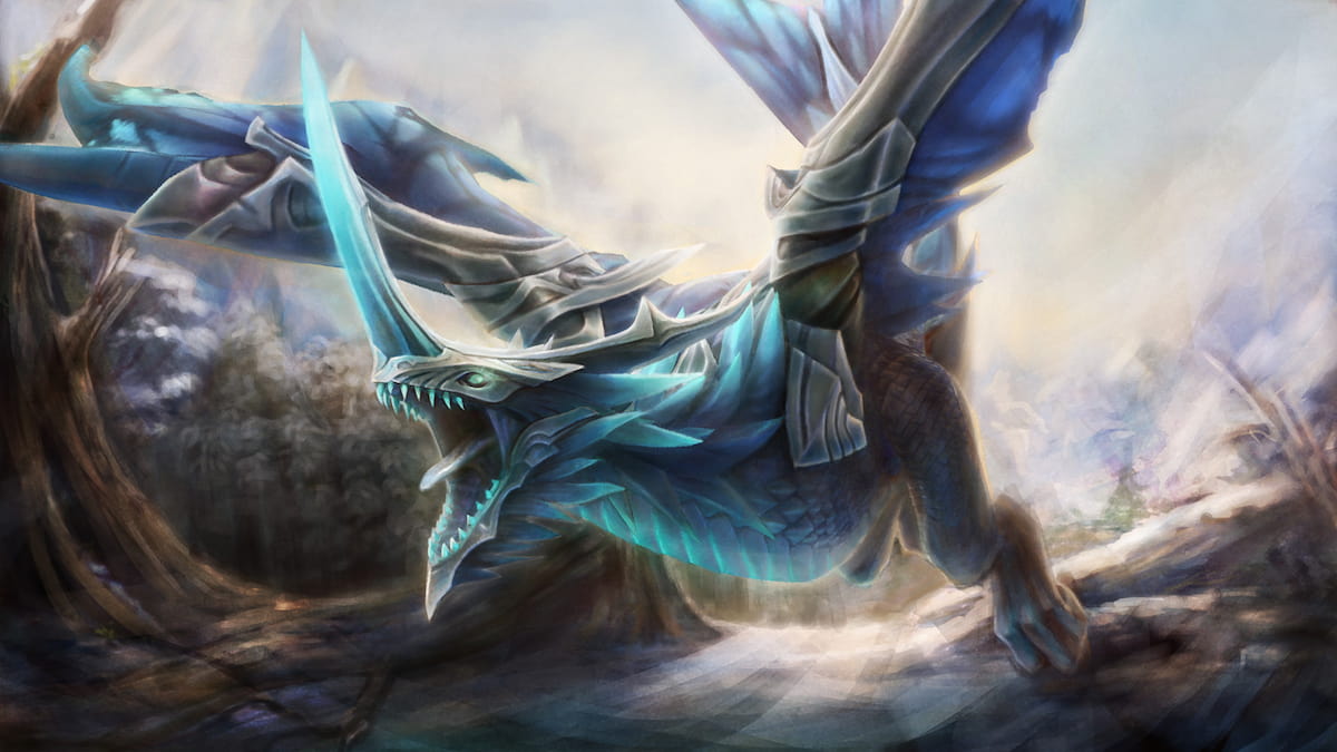 Winter Wyvern roaring and flying over an icy terrain in Dota 2