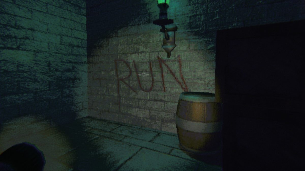 Looking at a bloody message on the wall of the Academy. It reads: RUN