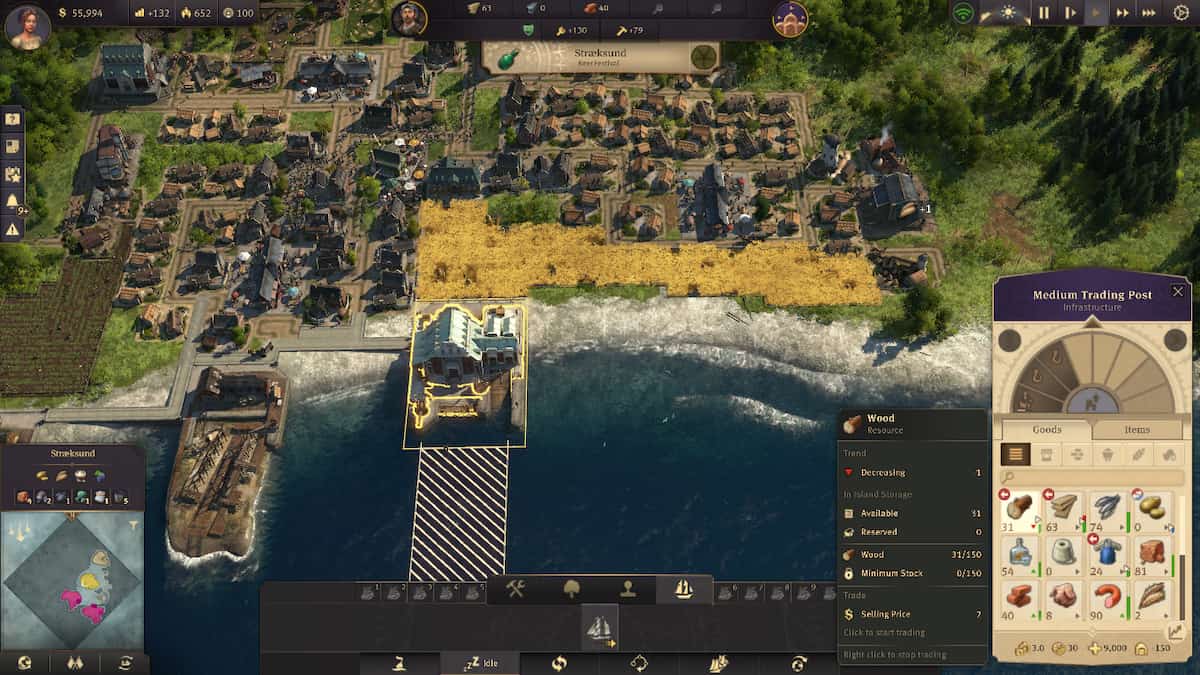 A port city and building menu highlighting a trading post in Anno 1800.