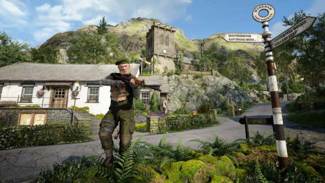 A character in Atomfall walking through a town.