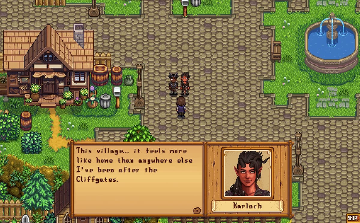 A screenshot from the Baldur's Village Stardew Valley mod, showing a dialogue box with Karlach.