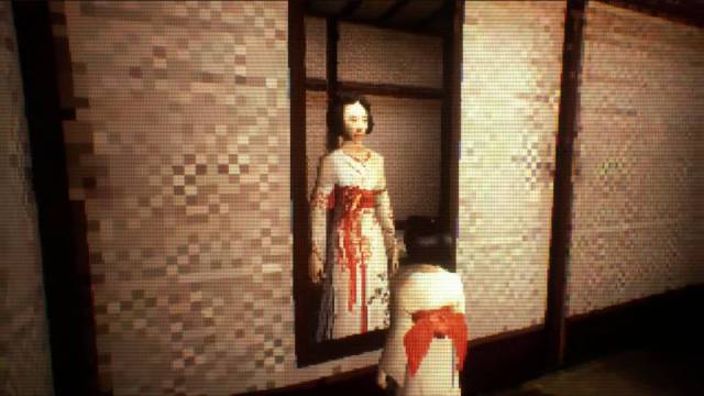A shot of a young girl looking in the mirror with her mother as the reflection in BrokenLore: LOW