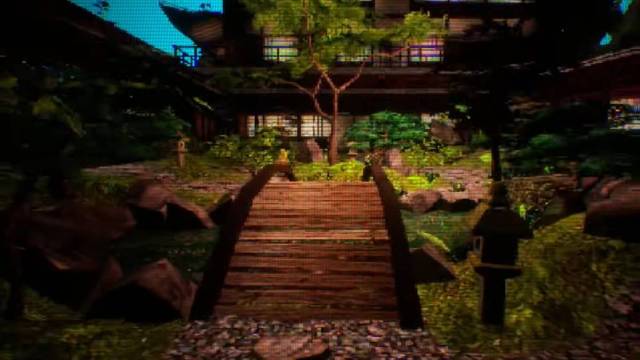 Walking up to a bridge in the garden of the old school Japanese house in the pixelated section of BrokenLore: LOW