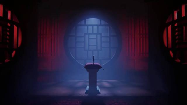 A shot of the altar inside the ancient temple with a blade on top of a podium at its center