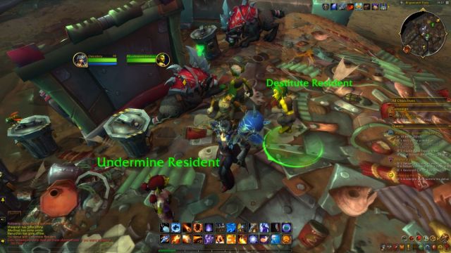 Dancing with Undermine denizens in World of Warcraft on a trash pile.