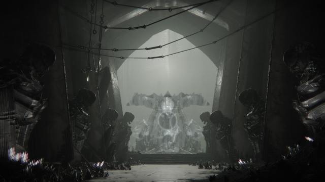 The hallway leading to the Court of Blades, with Oryx's spectral form above it.
