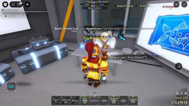 Picture showing the player talking to Crookspine to know all three items. in Fisch.