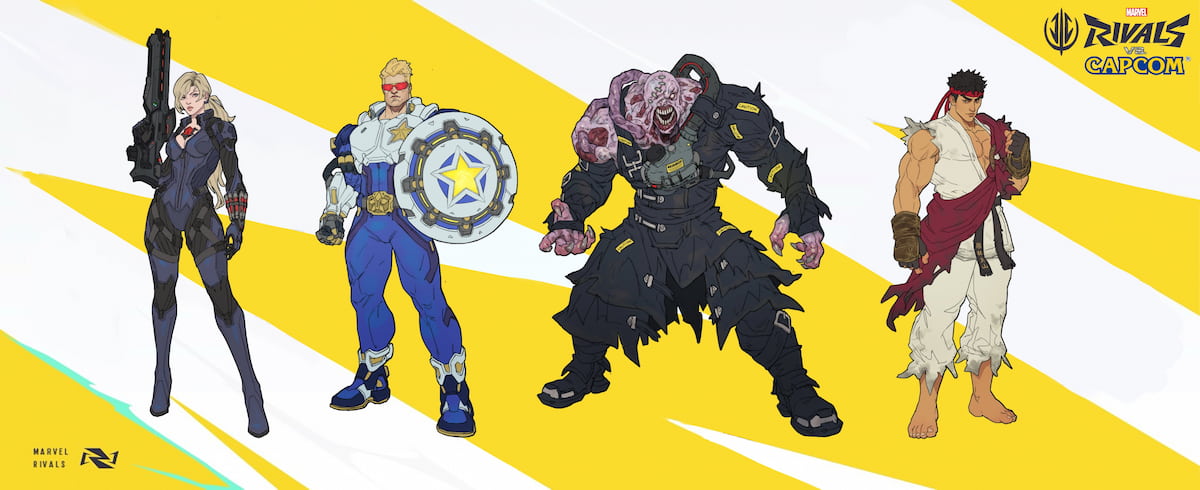 Capcom skin concepts in Marvel Rivals for Black Widow, Captain America, Venom, and Iron Fist