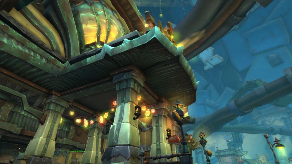 Undermine city in World of Warcraft Incontinental Hotel location with blue sky and fairylights.
