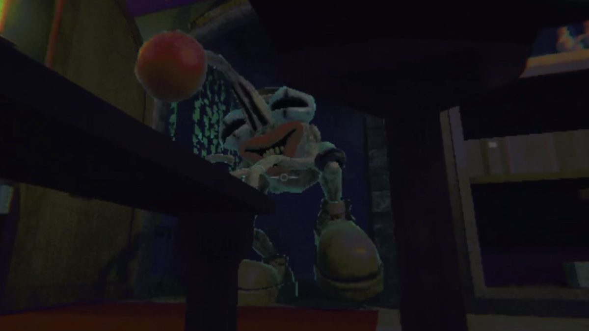 Hiding underneath a table looking up at the Clown walking through a door