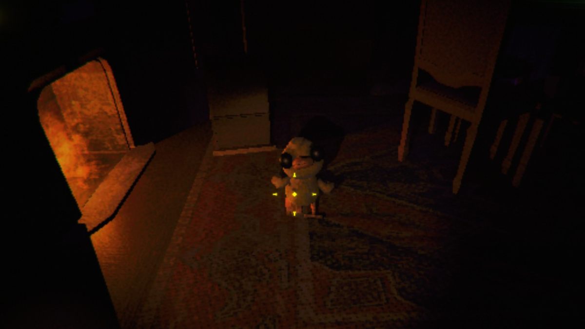A shot looking down at the Duck next to a lit fireplace in R.E.P.O