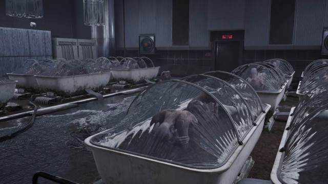Looking at multiple rows of grown humans inside pods