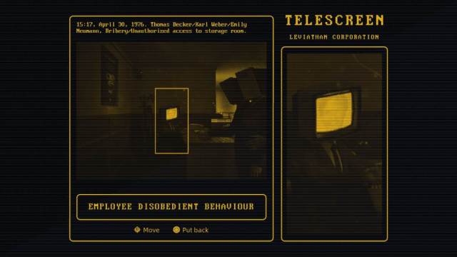 Looking through the surveillance system at Leviathan employees, zoomed in on an employee face