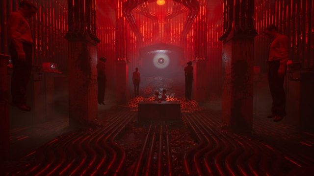 A red room with hanging Leviathan employees and a large eye on the back wall