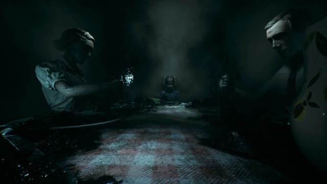 A shot of giant versions of Mehndez family eating dinner