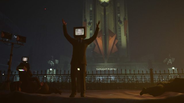 A Leviathan believer raising his hands after murdering a "traitor" with Leviathan Corporation building in the background