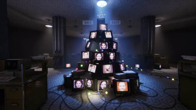 A tower of television monitor with Leviathan employee faces on them