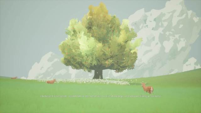 A cinematic shot of a tree with animals surrounding it as the flowers bloom and spread below