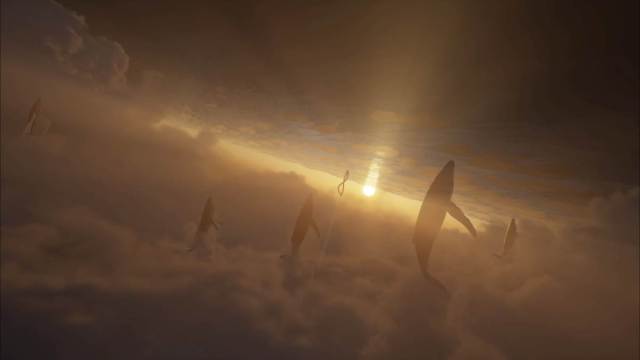 A beautiful shot in the clouds of two threads ascending with whales in the background