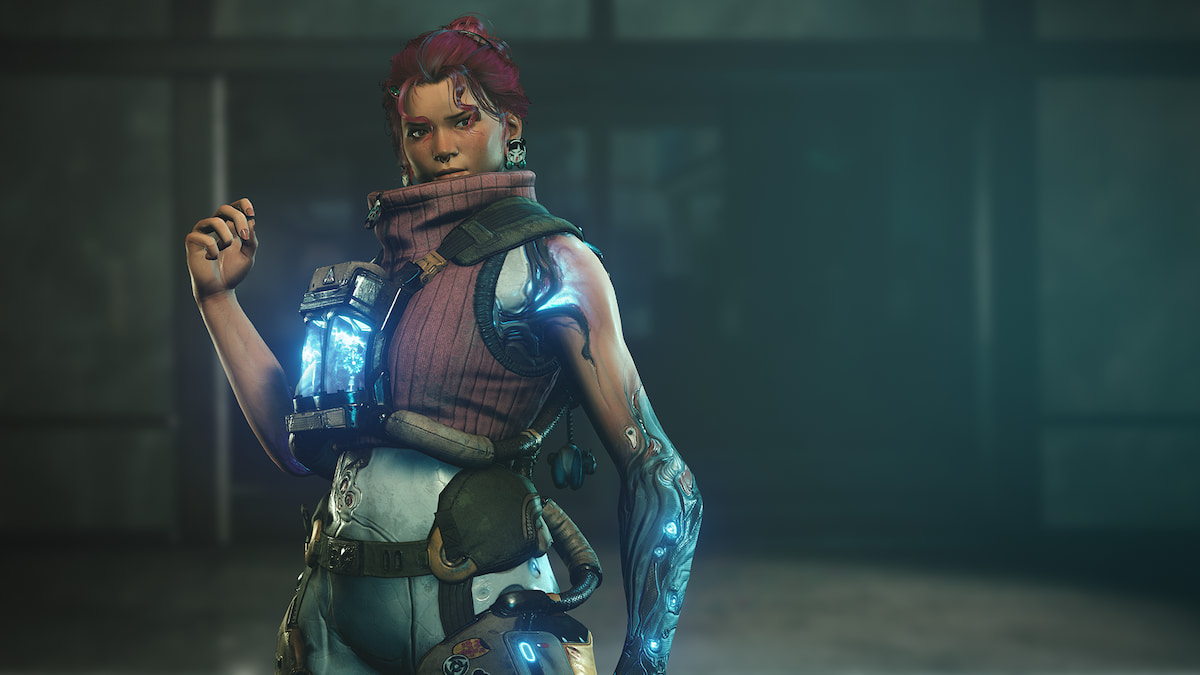 A character with a sleeveless sweater on and glowing blue lights on her arm and chestpack.