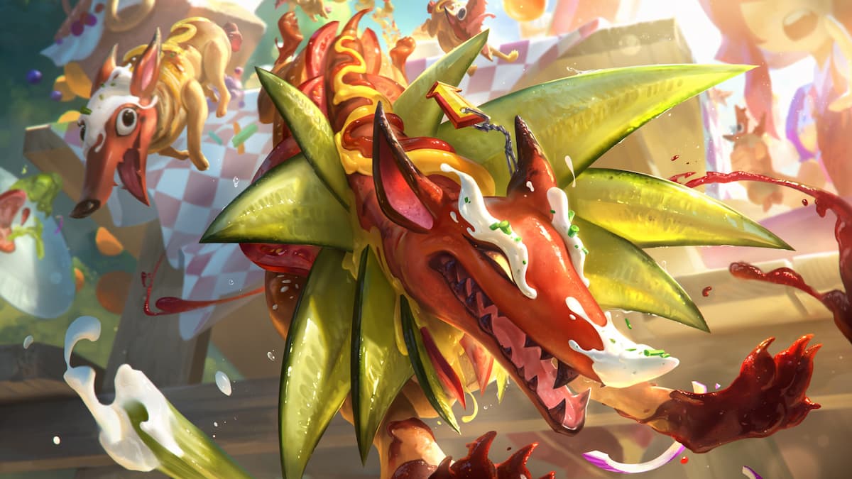 An image from Riot Games of a Naafiri skin, which turns her into a walking hot dog.