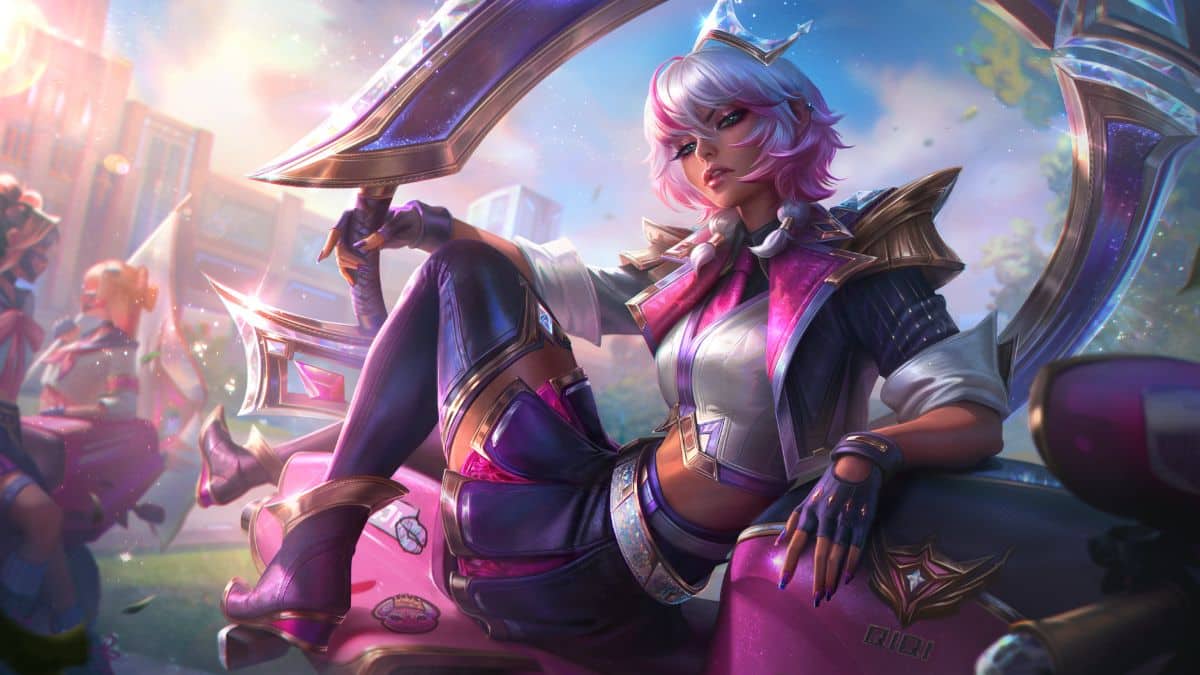 An image from League of Legends of the Battle Academia Babylon Qiyana Splash art. This features Qiyana in a pink school outfit sitting on a bike.
