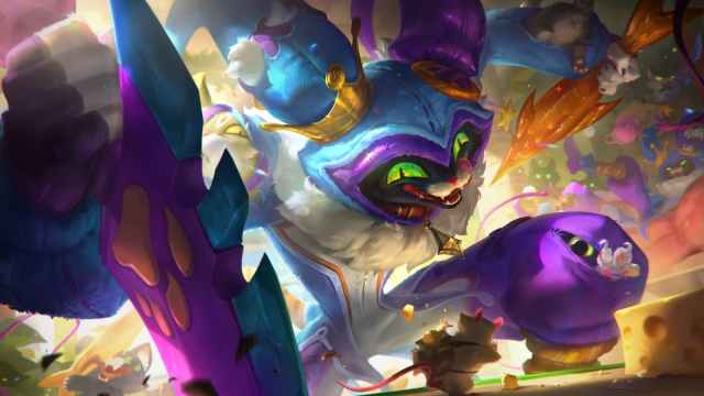An image from League of Legends of the April Fools Shaco splash art, which turns him into a cat.
