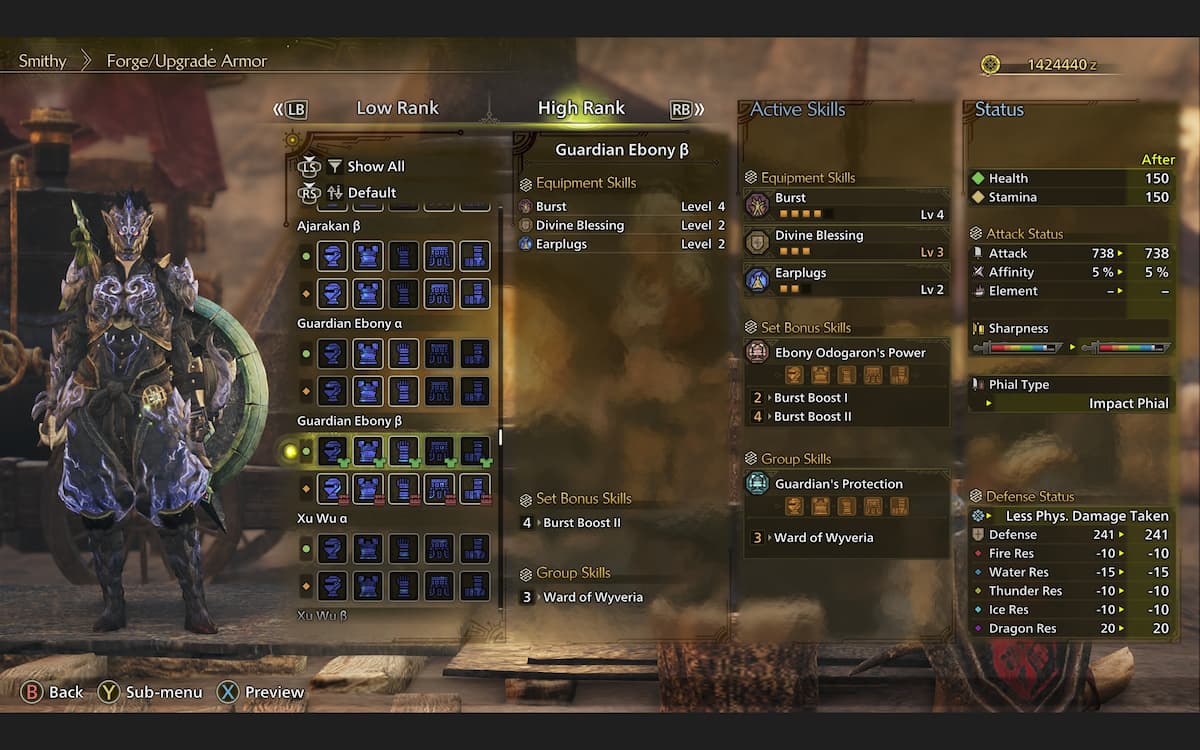 The crafting screen in Monster Hunter Wilds showcasing Armor while highlighting the Guardian Ebony Beta Set