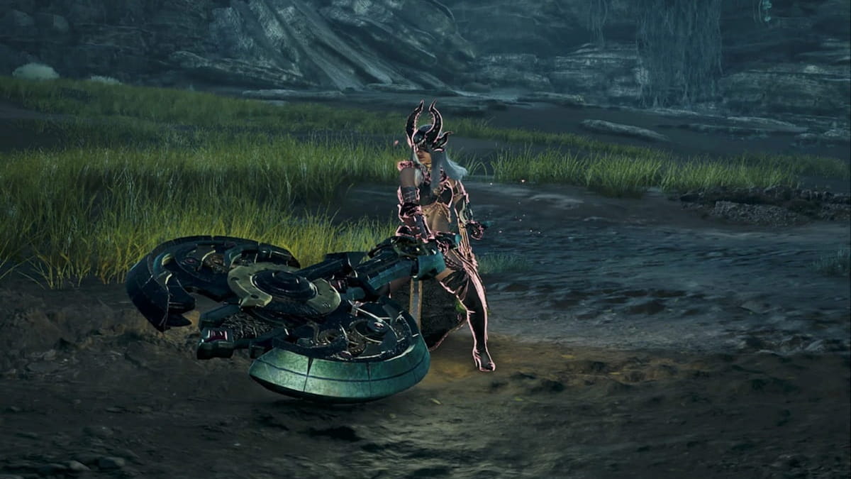 Player character standing holding a long bladed weapon with a round axe tip