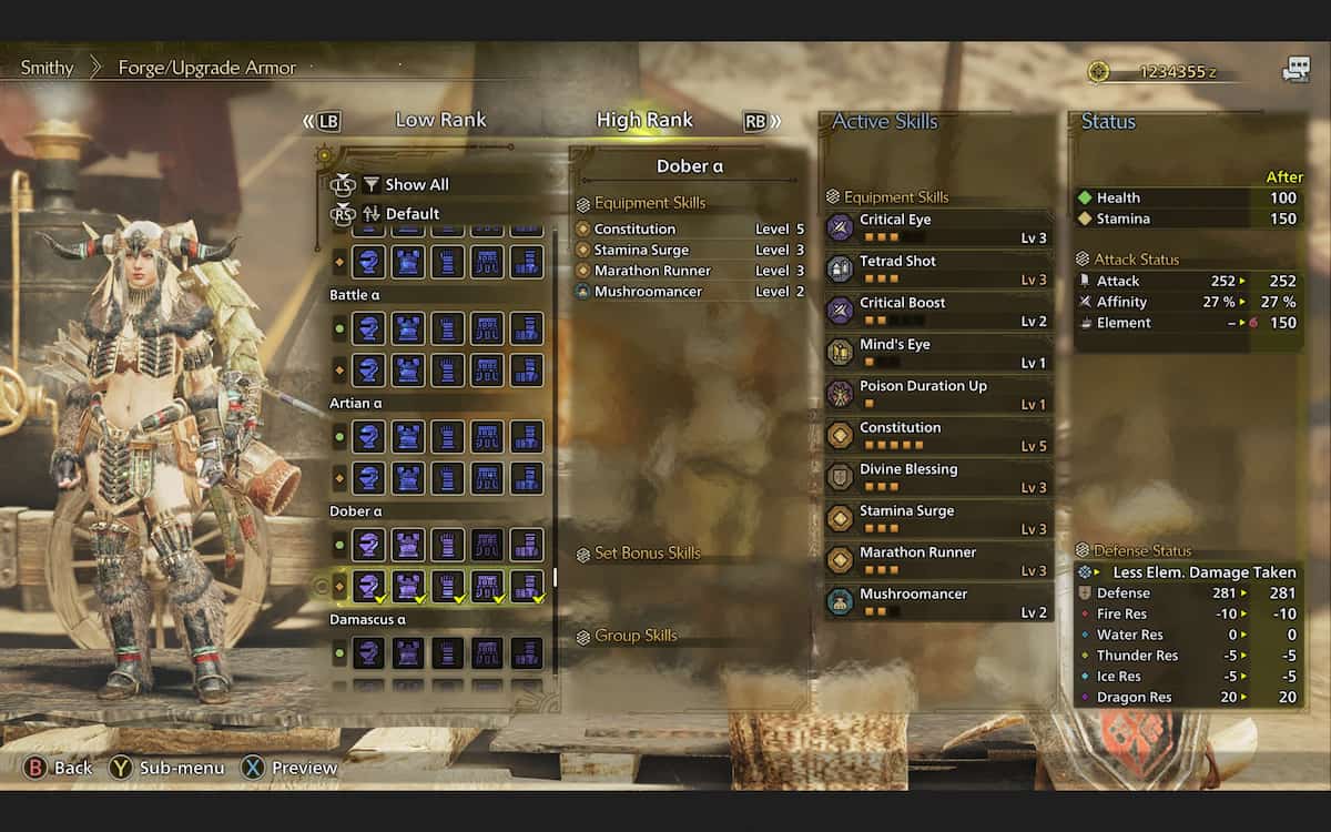 The crafting screen in Monster Hunter Wilds showcasing Armor while highlighting the Dober Alpha Set