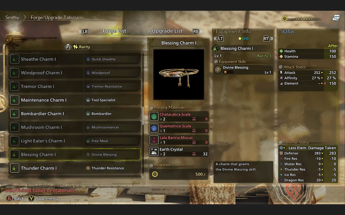 The crafting screen in Monster Hunter Wilds showcasing Talismans while highlighting the Blessing Charm I