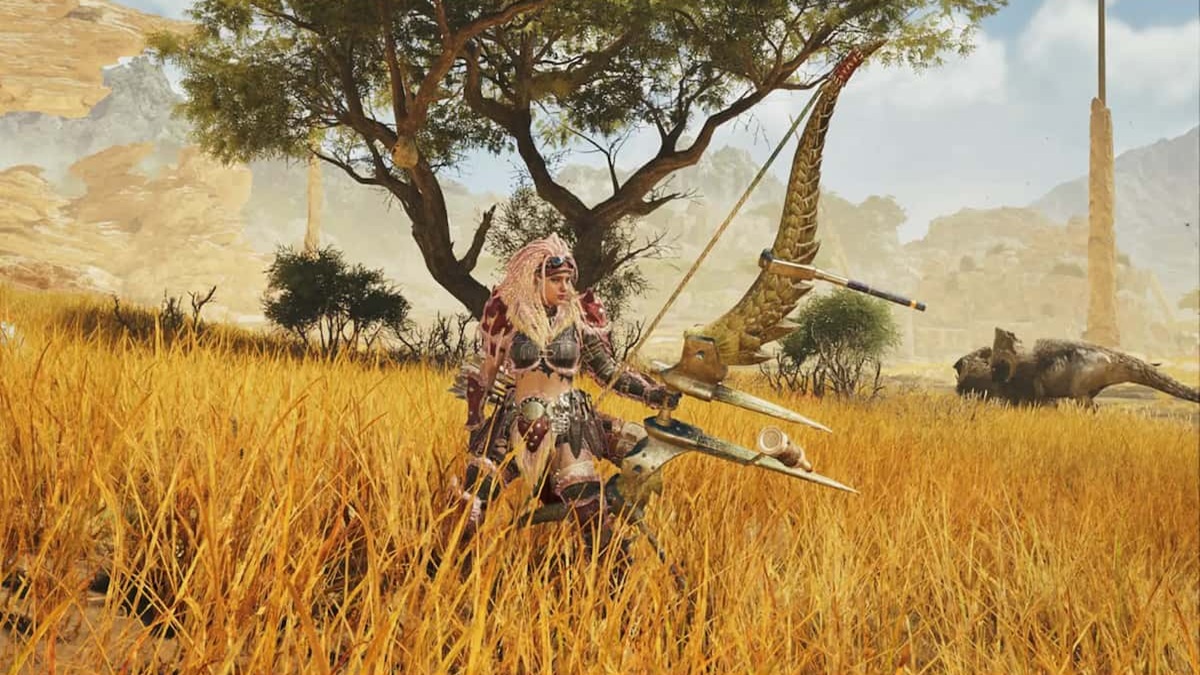 Player character clad in pink armor holding a bow in a forested area with animals and a tree in the background