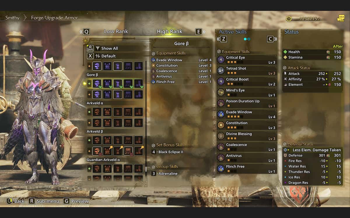 Image showing the Gore Beta armor and stats in Monster Hunter Wilds