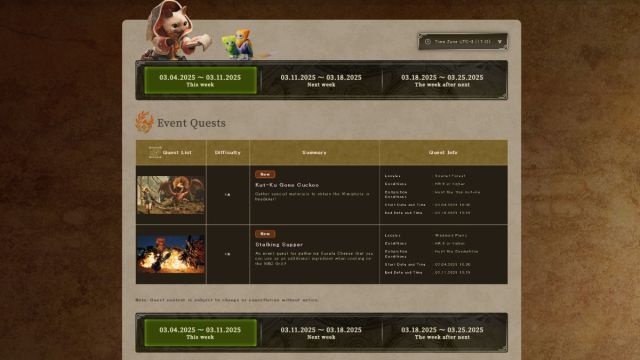 An image from Monster Hunter Rivals of a chart that details some of the event quests you can access for a limited time.
