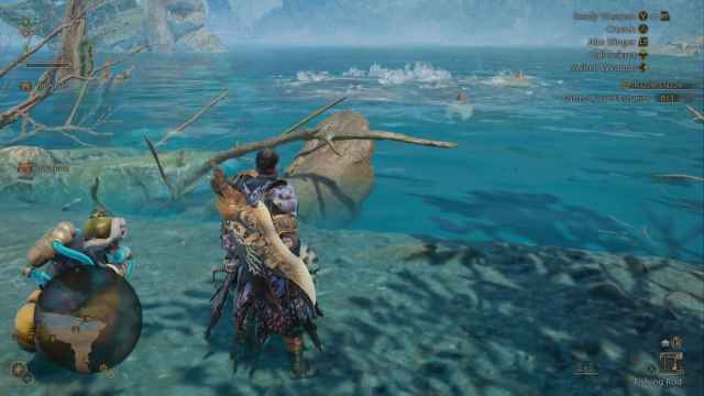 A player looking at Whoppers in the water in Monster Hunter Wilds.