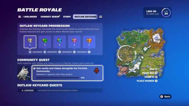 A screenshot showing the Outlaw Keycard in Fortnite and progress towards a community goal.