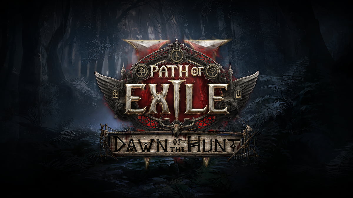 Path of Exile 2 key art, with the Dawn of the Hunt logo below it.