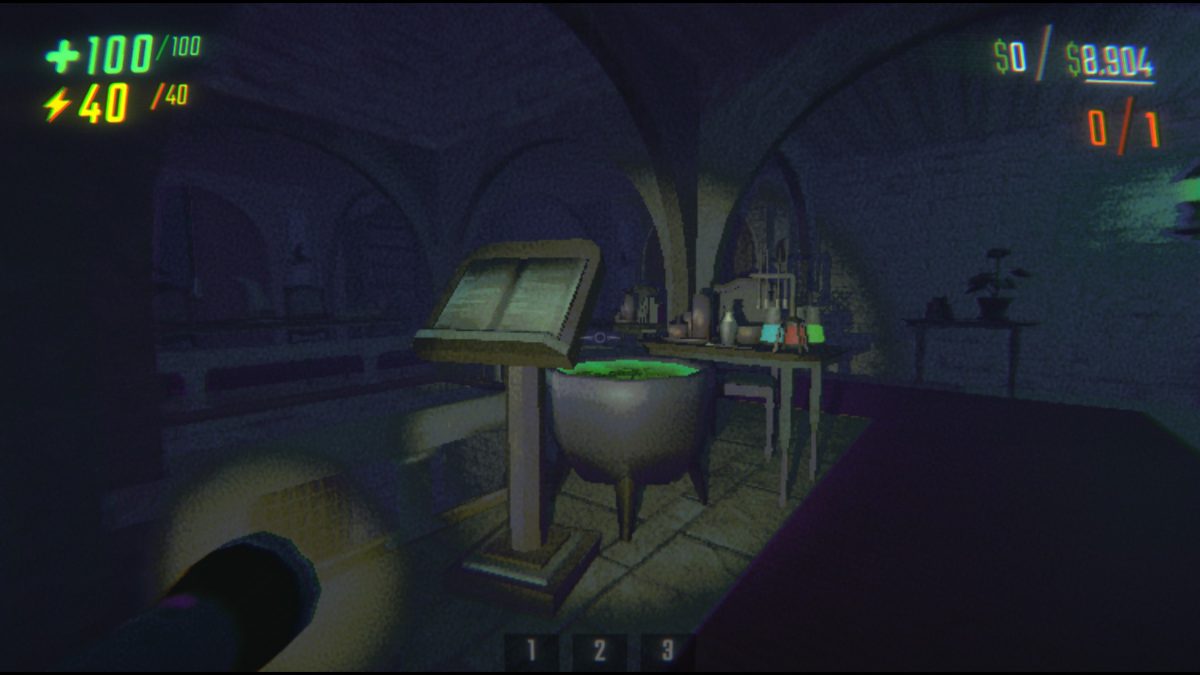 Pointing the flashlight at a spell book and a cauldron is a large room with a giant drop at its center