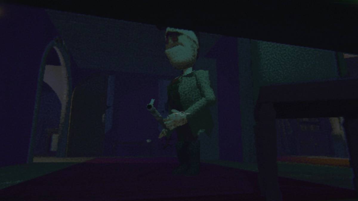 Hiding under a table, looking out at the Huntsman holding his shotgun