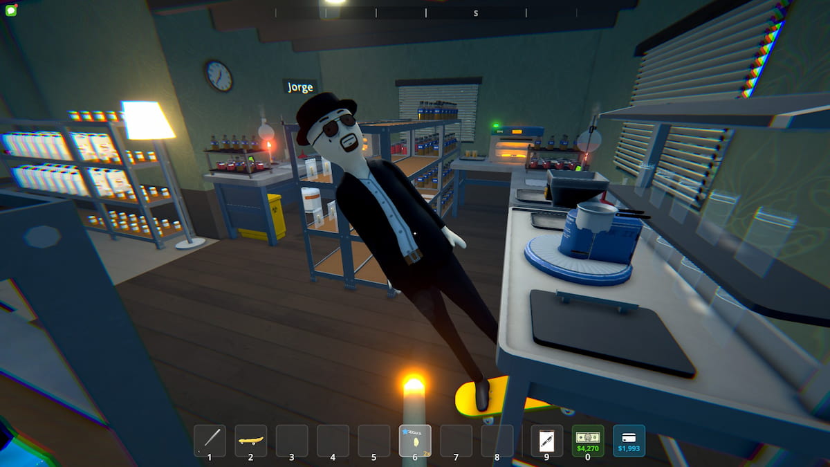 The player character on a golden skateboard inside a drug lab in Schedule 1