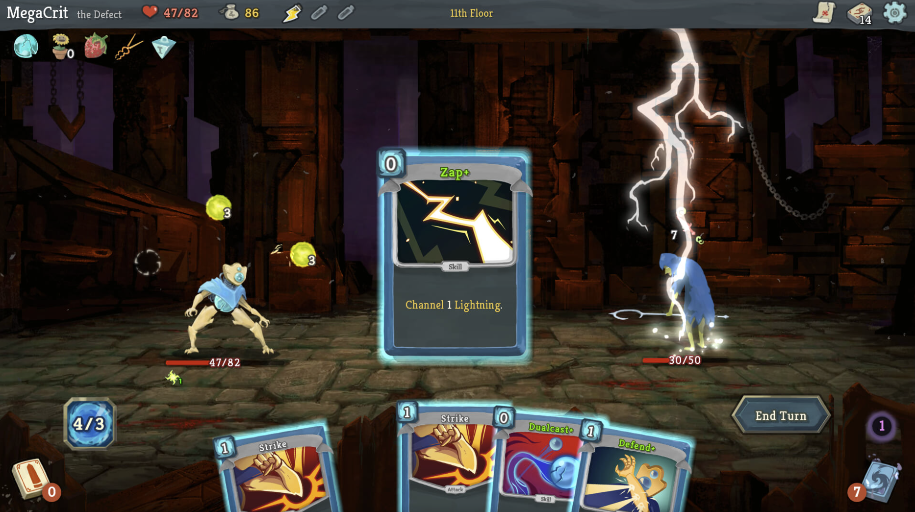 A screenshot from Slay the Spire showing the card for Zap and how the player is damaging an enemy.
