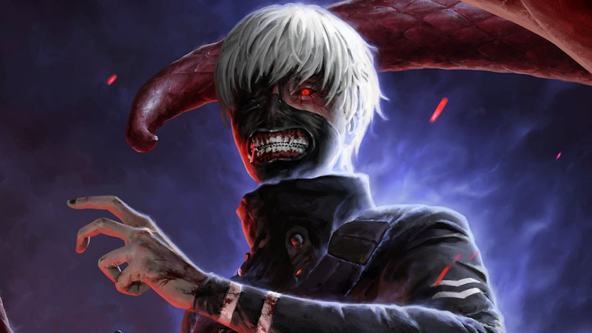 A white-haired man in a black mask with sharp teeth and a glowing red eye