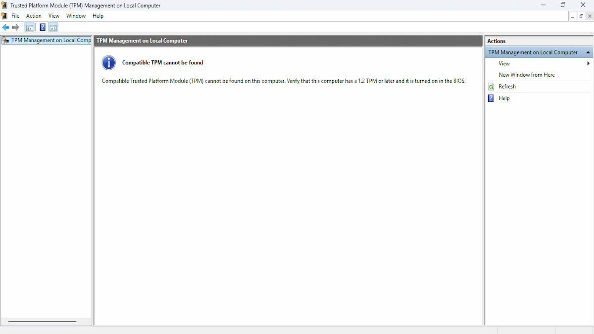 Picture showing Trusted Platform Module (TPM) management to check if the PC has it enabled or not.