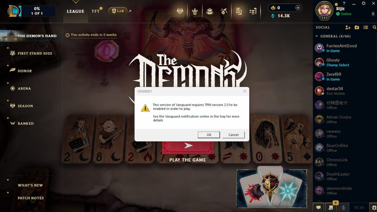 Picture showing the 'This version of Vanguard requires TPM version 2.0 to be enables in order to play’ error in League of Legends.