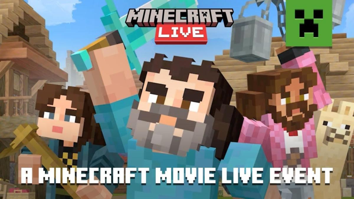 Minecraft characters wearing blue, pink, and teal costumes featured in A Minecraft Movie Live Event key image