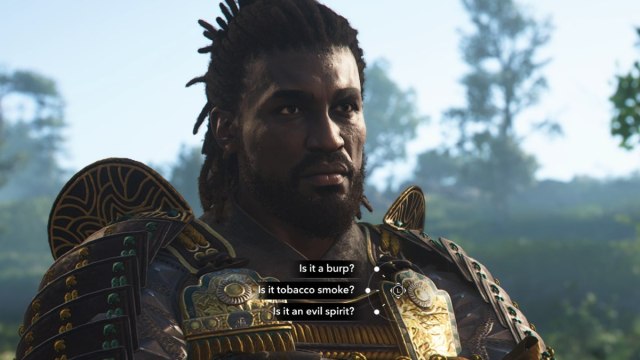 Assassins creed Shadows yasuke close up dialogue choice for riddle answer burp, tobacco smoke, evil spirit.