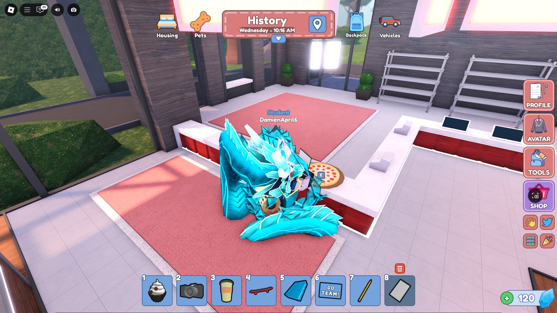A player picking up a Pizza in Bayside Pizzeria in the Bayside High School Roblox experience