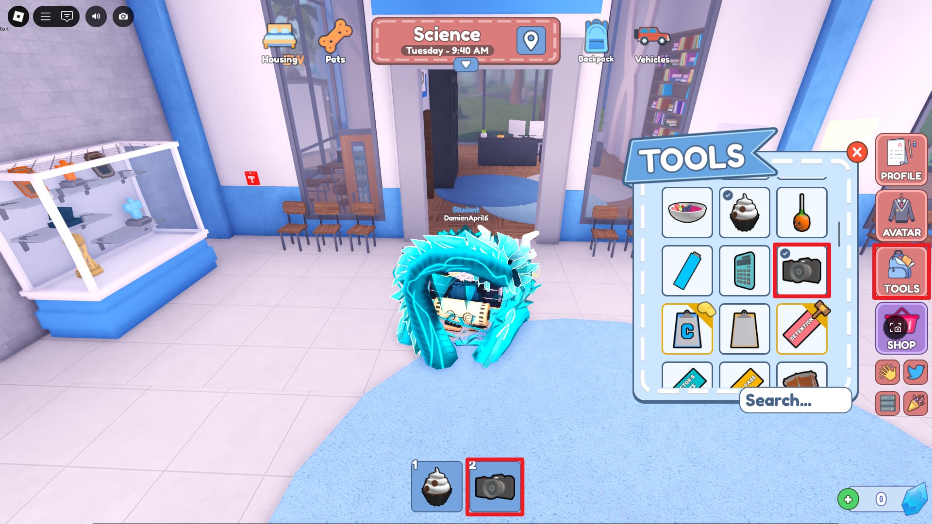 A player equipping a camera in the Bayside High School Roblox experience