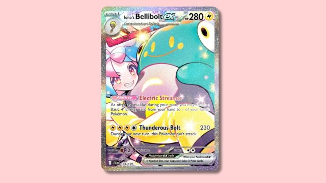 Iono's Bellibolt ex Pokémon card on a plain pink background.