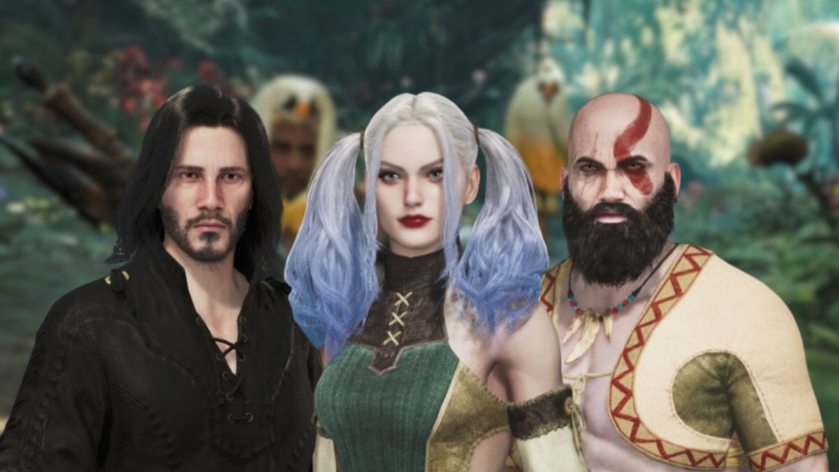 Keanu Reeves, Harley Quinn, and Kratos in MH wilds character creator in front with the game in background
